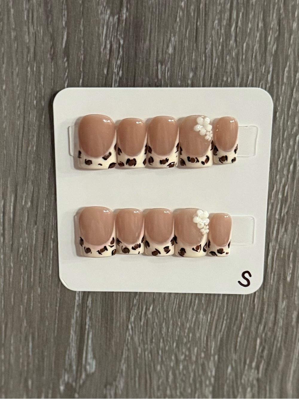 Nude Leopard French Tip Press-On Nails with White Flower Accent Baby Duck